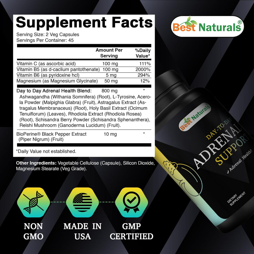Close-up of Best Naturals Adrenal Support capsules emphasizing vegetarian format.