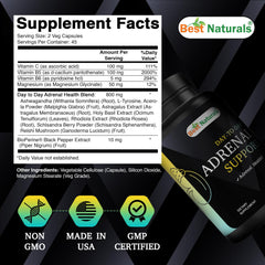 Close-up of Best Naturals Adrenal Support capsules emphasizing vegetarian format.