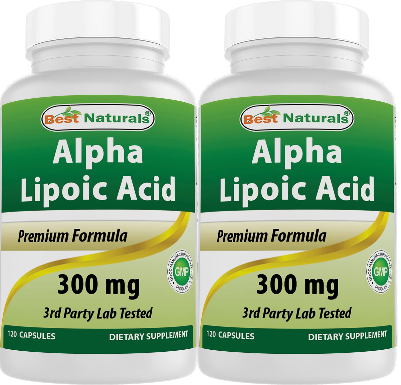 Best Naturals Alpha Lipoic Acid 300 mg bottle with 120 capsules, two-pack packaging.