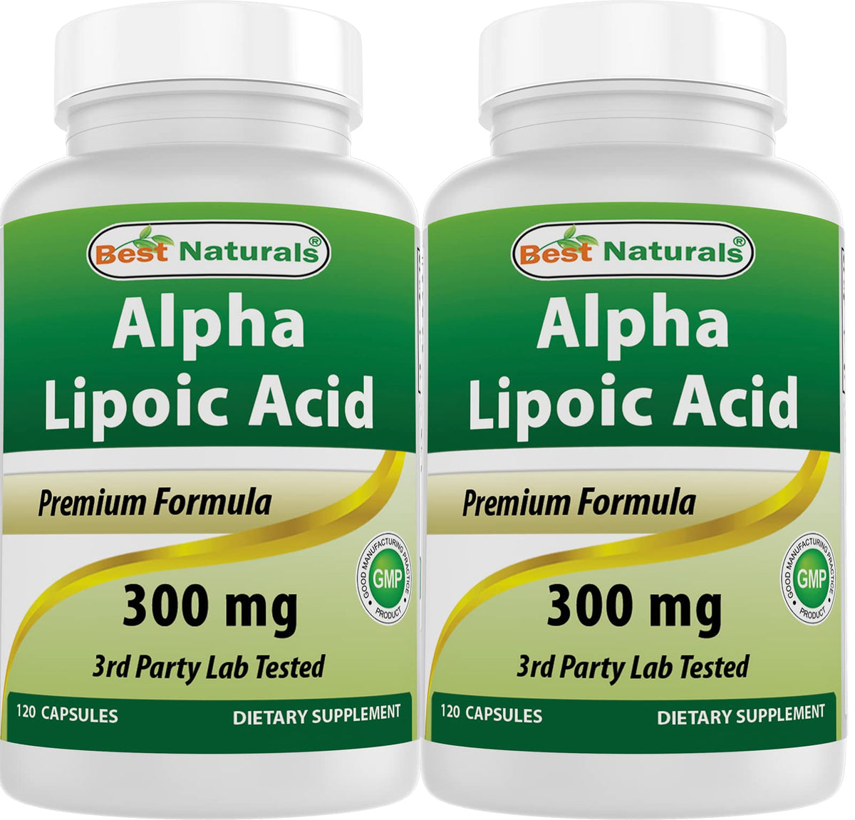 Best Naturals Alpha Lipoic Acid 300 mg bottle with 120 capsules, two-pack packaging.