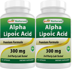 Best Naturals Alpha Lipoic Acid 300 mg bottle with 120 capsules, two-pack packaging.