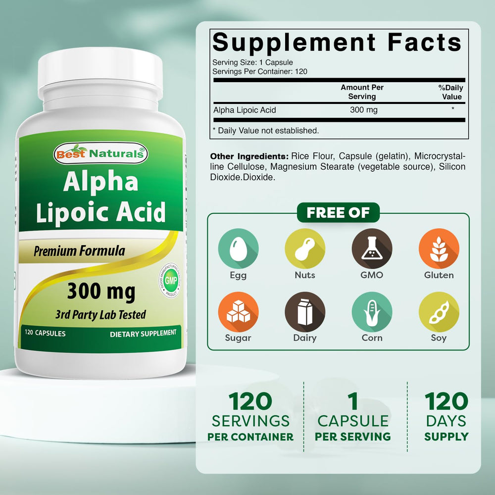Best Naturals Alpha Lipoic Acid 300mg label shows dosage and quality