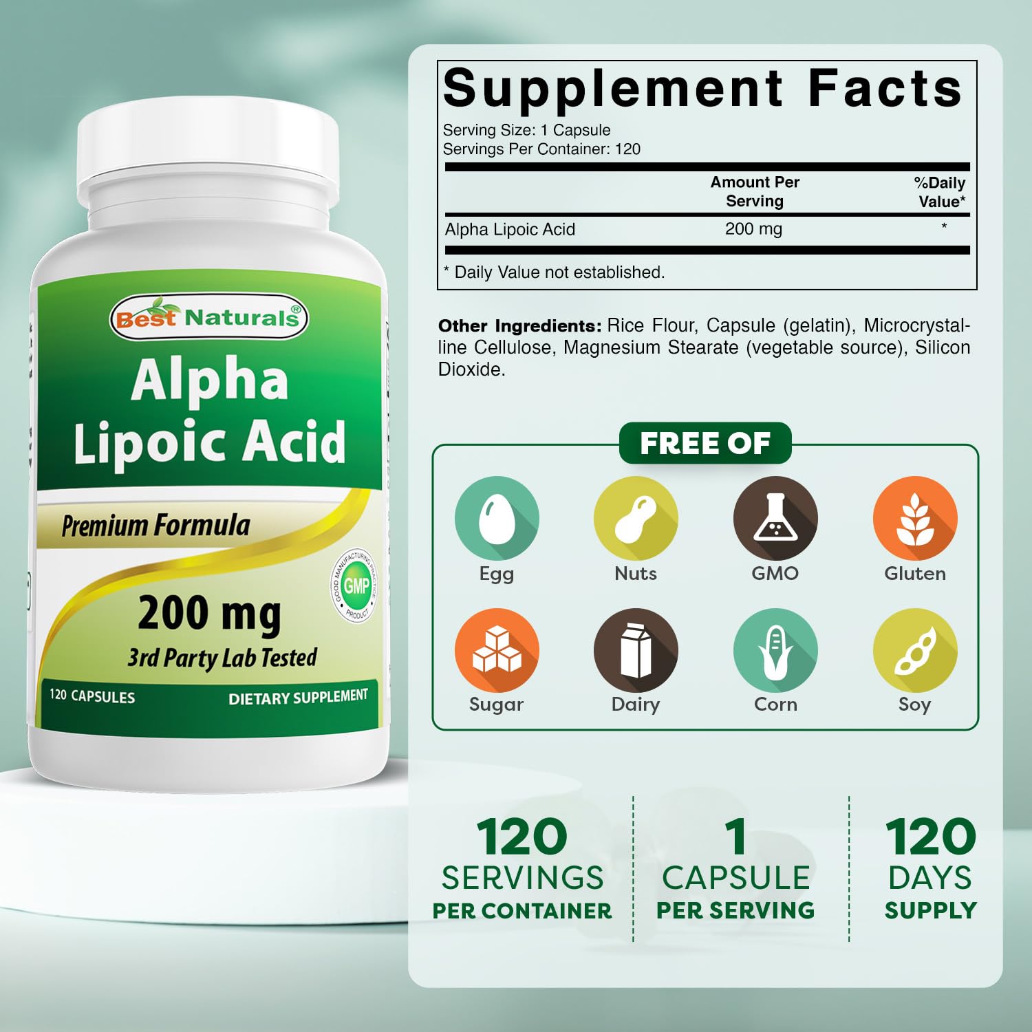 Best Naturals Alpha Lipoic Acid bottle label close-up showing 200 mg dosage per capsule