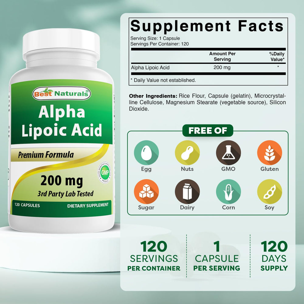 Best Naturals Alpha Lipoic Acid bottle label close-up showing 200 mg dosage per capsule