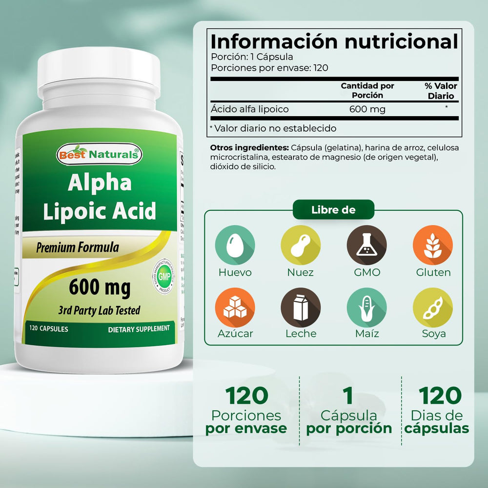 Best Naturals Alpha Lipoic Acid capsules close-up showing a clean, non-GMO formula.