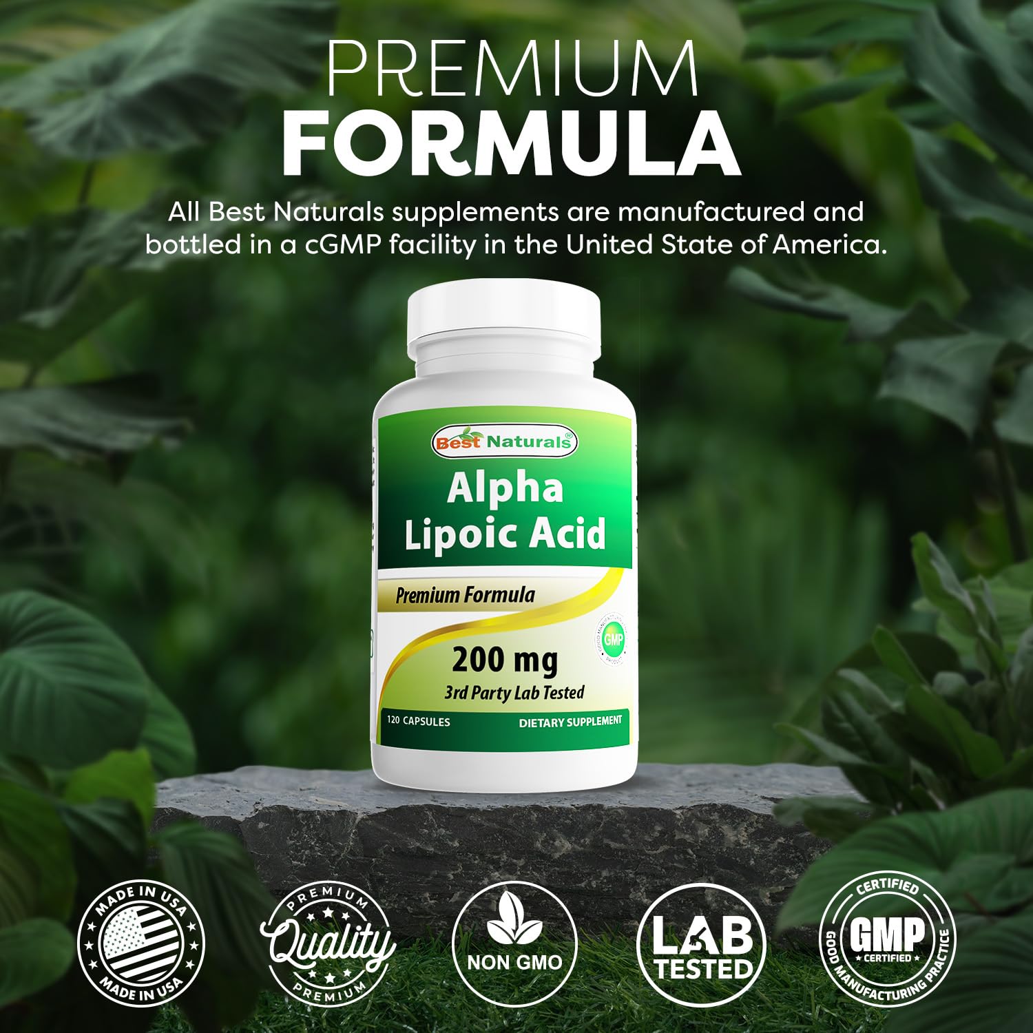 Best Naturals Alpha Lipoic Acid non-GMO gluten-free iconography on packaging