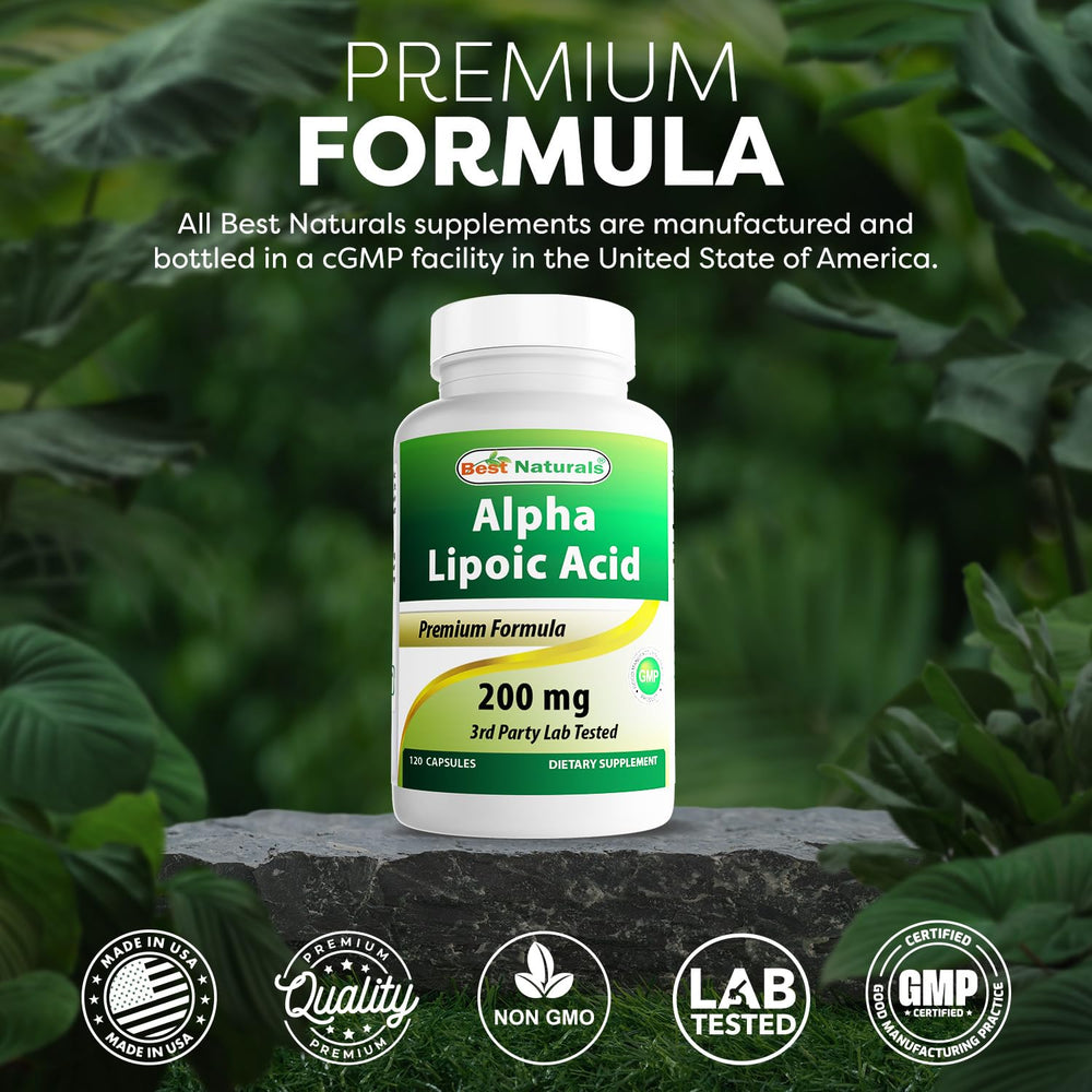 Best Naturals Alpha Lipoic Acid non-GMO gluten-free iconography on packaging