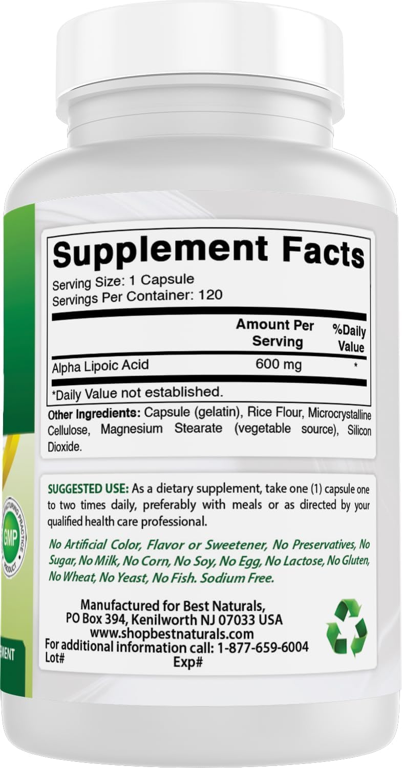 Best Naturals Alpha Lipoic Acid packaging emphasizes gluten-free and allergen-friendly formula.