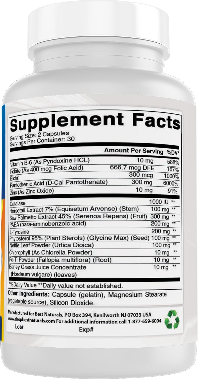Best Naturals Anti Gray Hair Formula ingredients highlight non-GMO and gluten-free benefits.