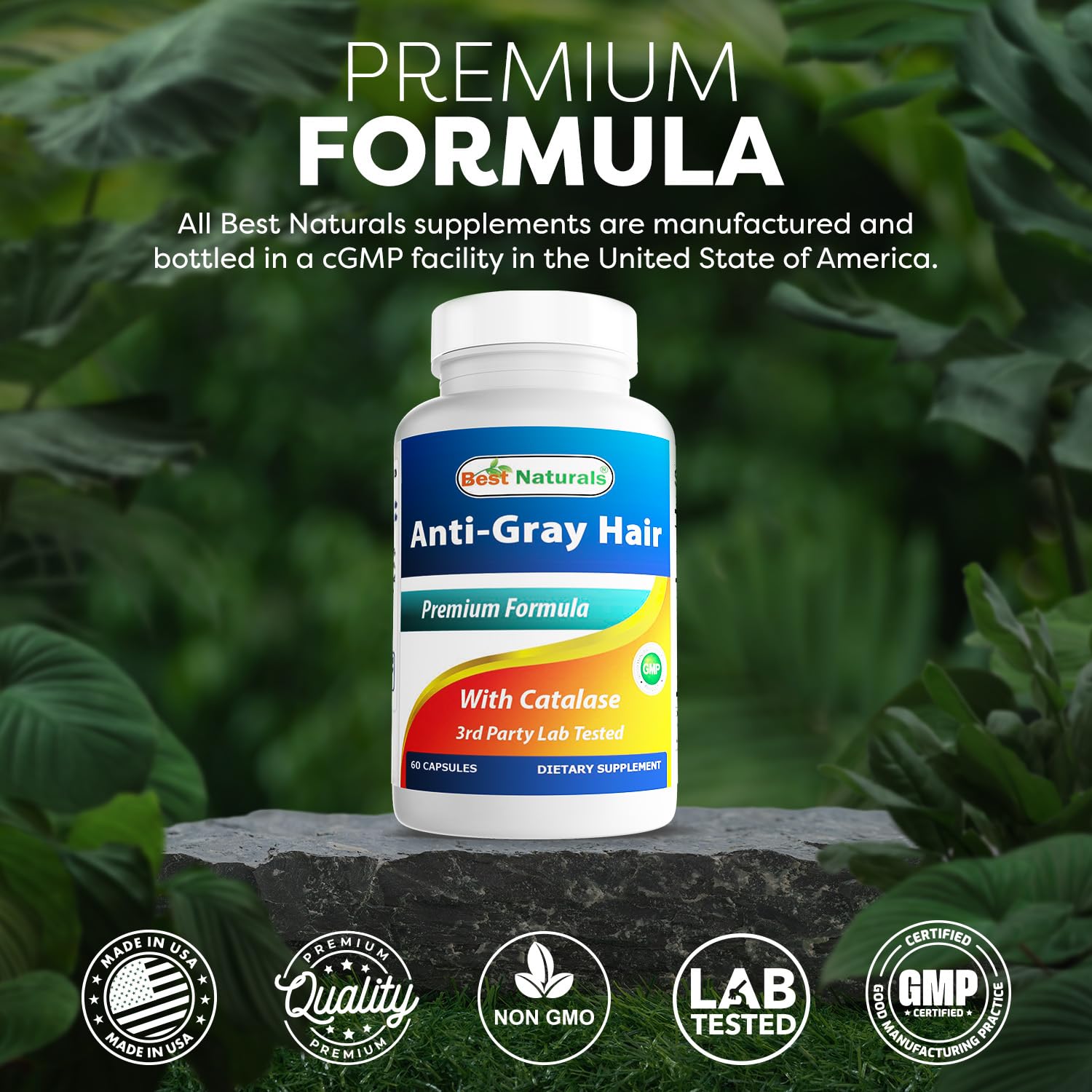 Best Naturals Anti Gray Hair Formula packaging communicates clean, gluten-free ingredients.