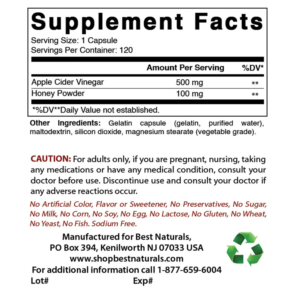 Best Naturals Apple Cider Vinegar Plus capsules close-up for convenient daily supplement.