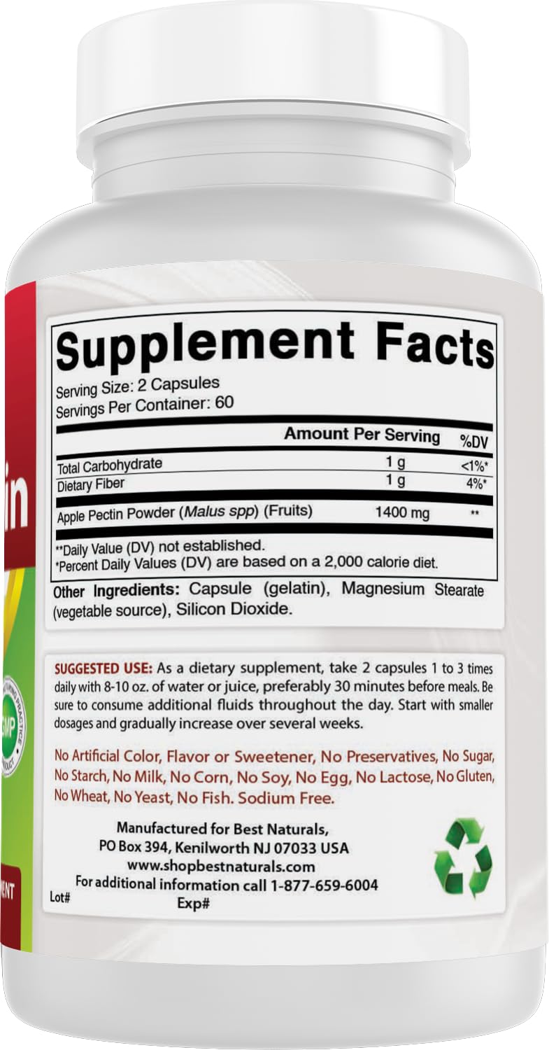 Back label of Best Naturals Apple Pectin shows 700 mg per capsule.