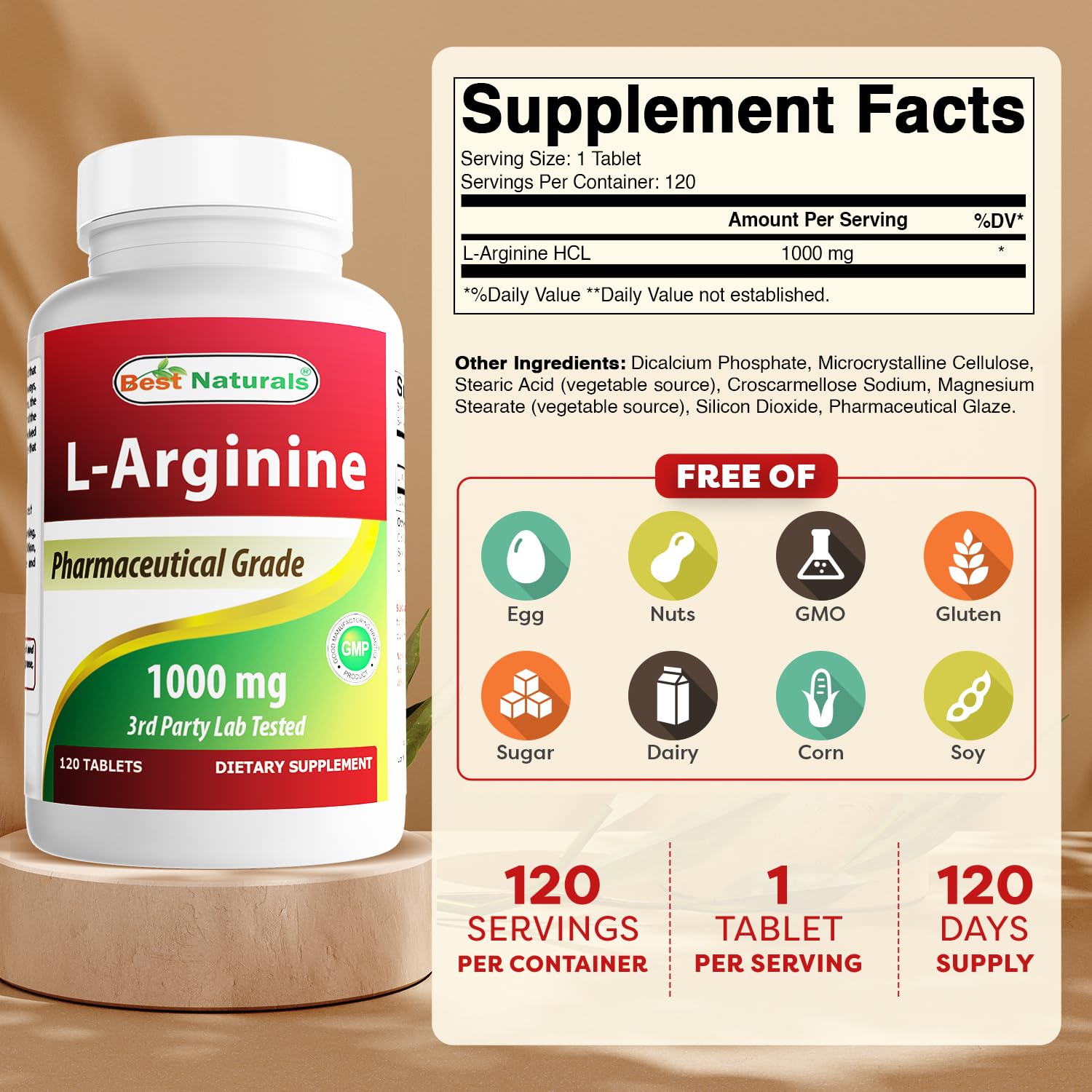 Best Naturals L-Arginine bottle front view highlighting compact packaging for easy daily use