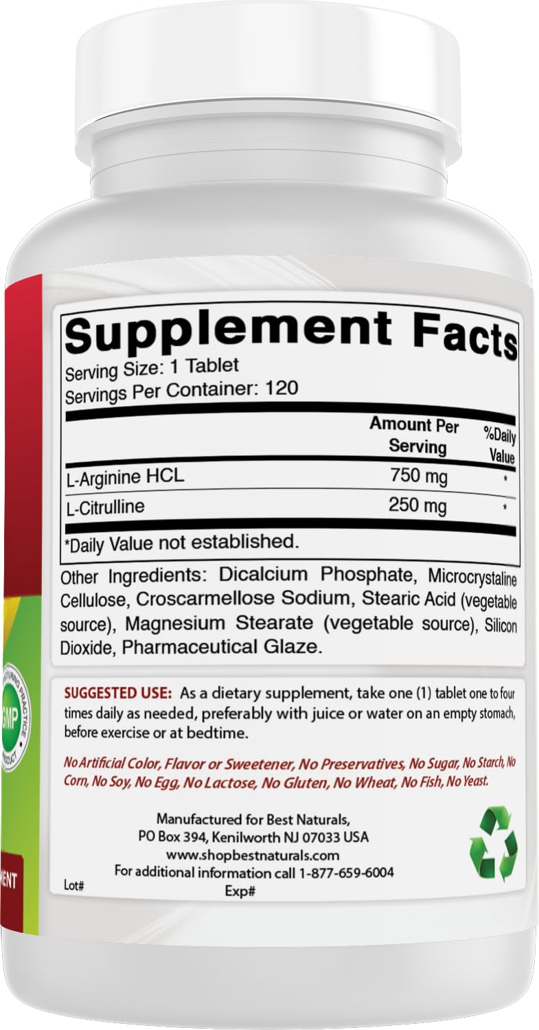 Best Naturals Arginine Citruline Complex glass bottle shows clear, gluten-free formulation.