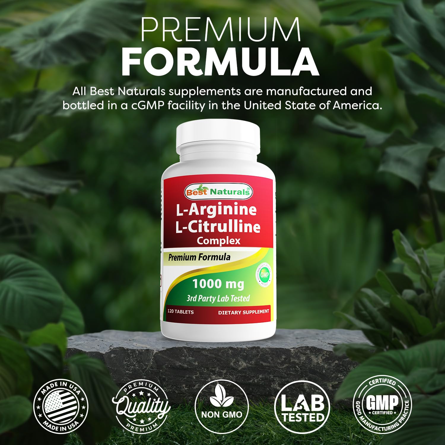 Best Naturals Arginine Citruline Complex supplement facts panel with third-party testing.