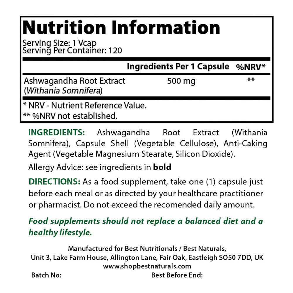 Best Naturals Ashwagandha capsules bottle back label shows purity and USA-made quality