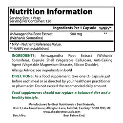 Best Naturals Ashwagandha capsules bottle back label shows purity and USA-made quality