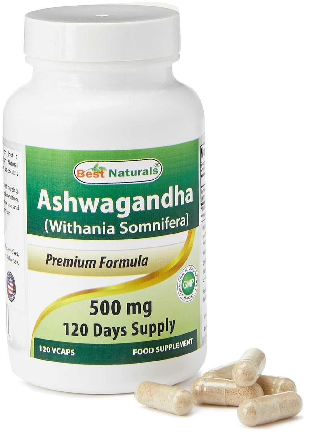 Best Naturals Ashwagandha capsules packaging display featuring 120-count bottle