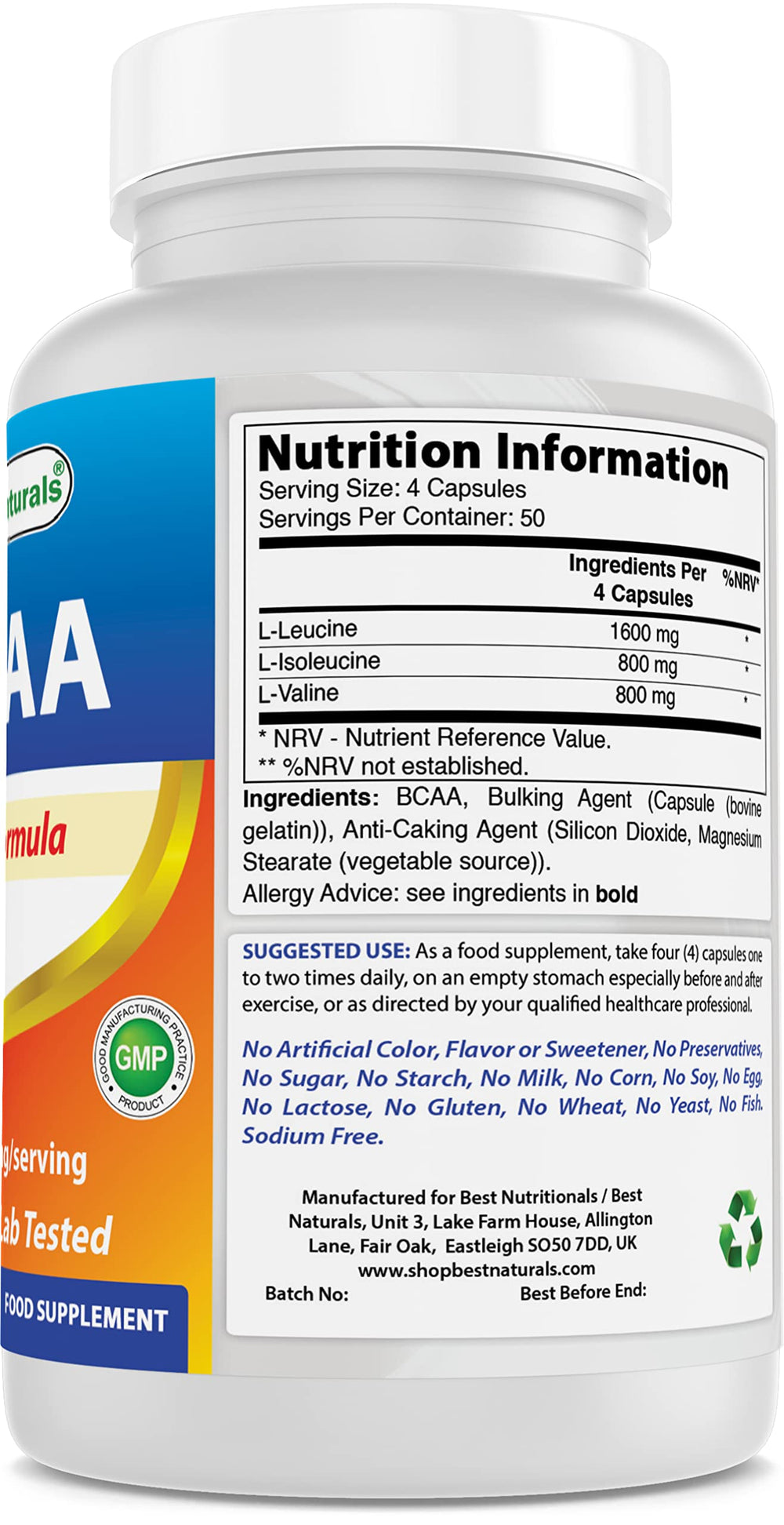 Best Naturals BCAA etiqueta de cerca, muestra pureza y fórmula instantizada.