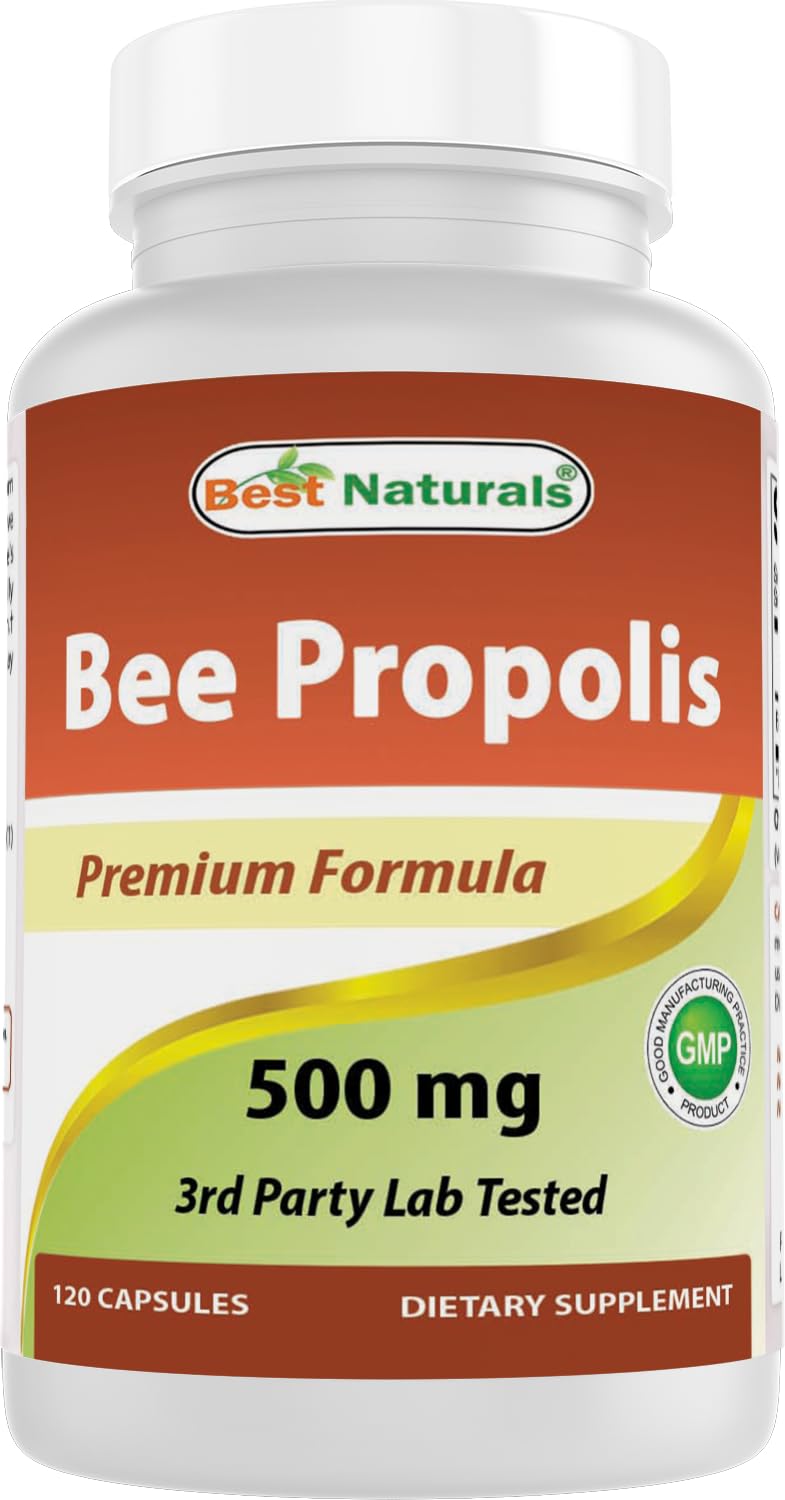 Best Naturals Bee Propolis 500 mg capsules bottle label highlights potency and purity.