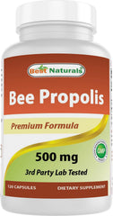Best Naturals Bee Propolis 500 mg capsules bottle label highlights potency and purity.