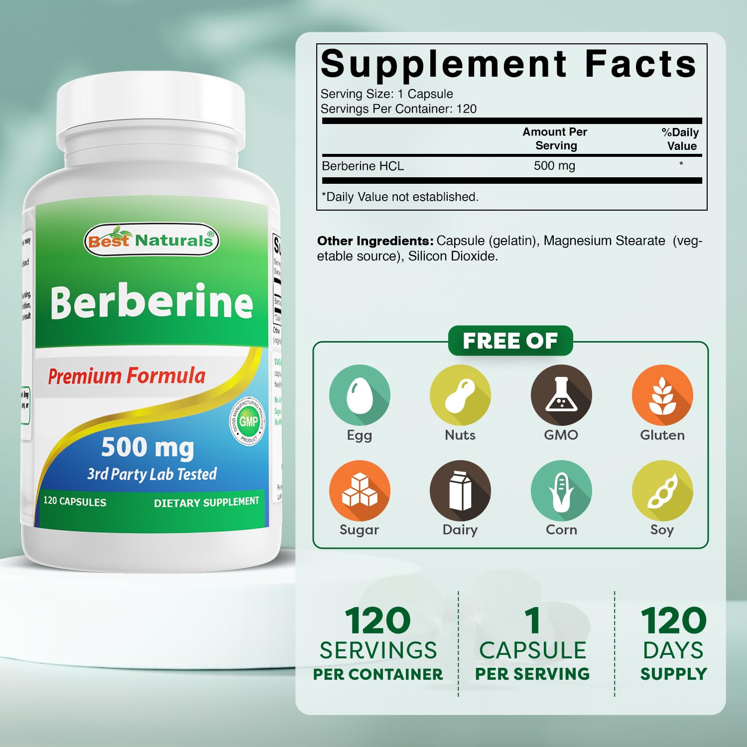 Best Naturals Berberine capsules close-up for easy-to-swallow form