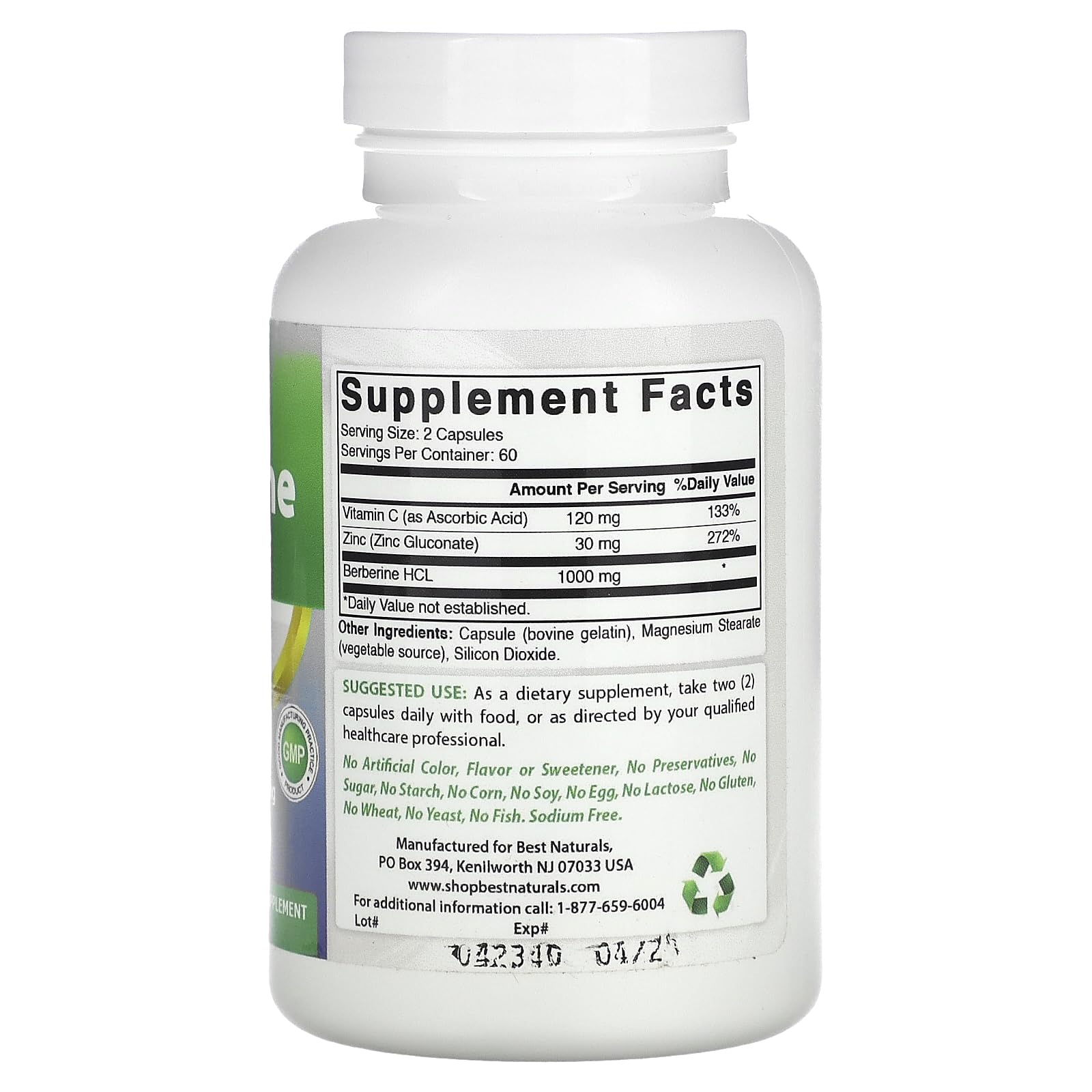 Closeup of Best Naturals Berberine Plus capsules, gluten-free and USA-made