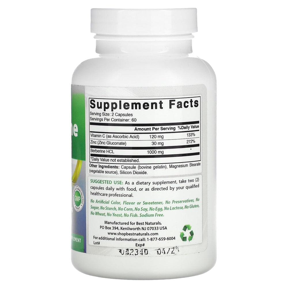 Closeup of Best Naturals Berberine Plus capsules, gluten-free and USA-made