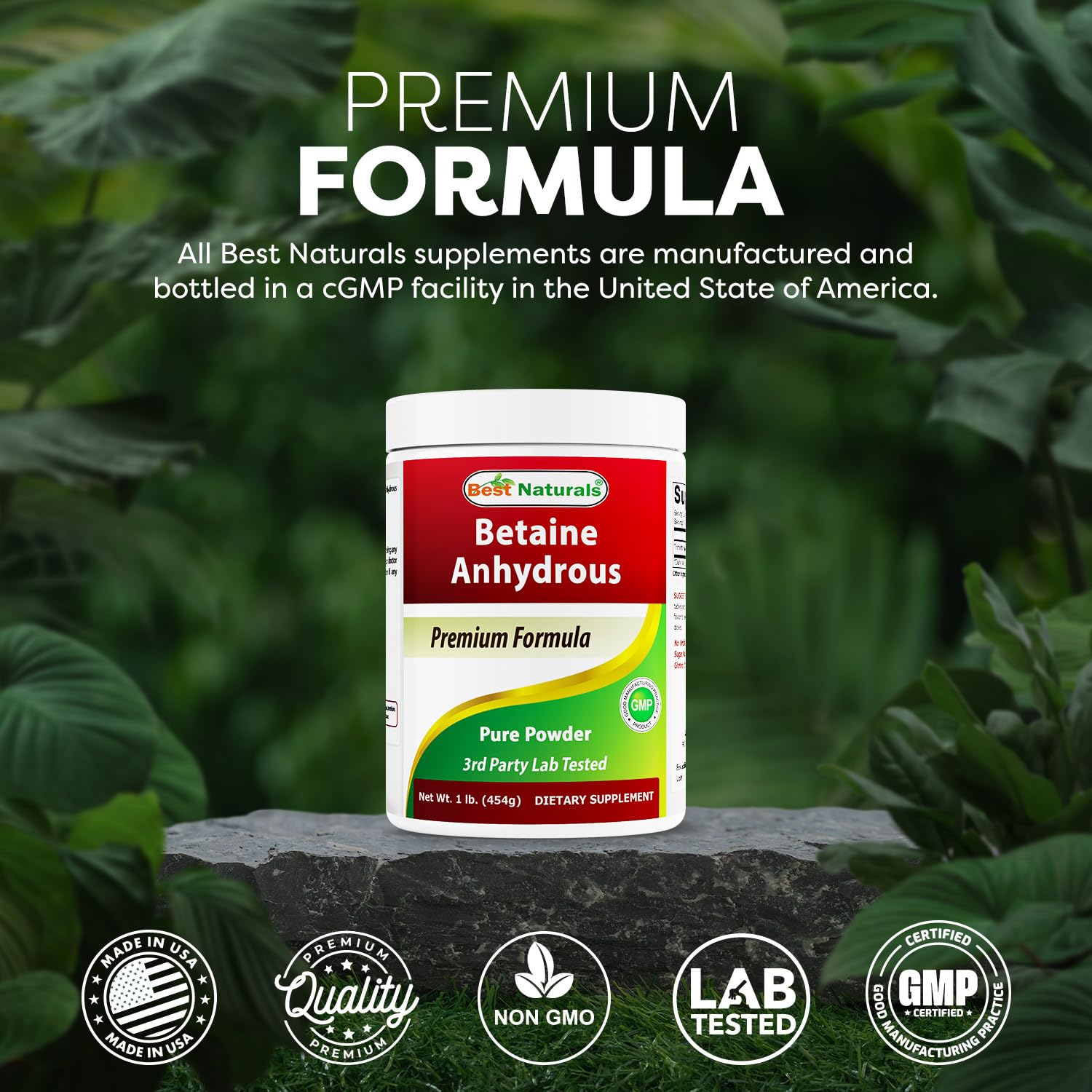 Best Naturals Betaine Anhydrous Powder container emphasizes sealed freshness.