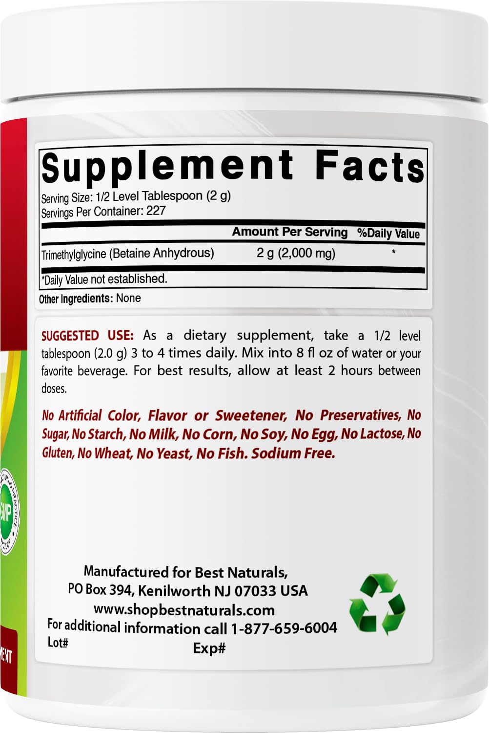 Best Naturals Betaine Anhydrous Powder container signals USA-made quality and compliance.
