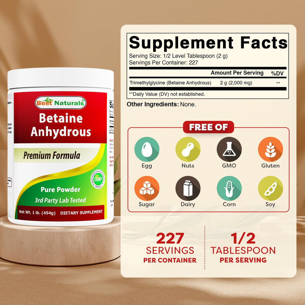 Best Naturals Betaine Anhydrous Powder scoop illustrates easy, measured dosing.