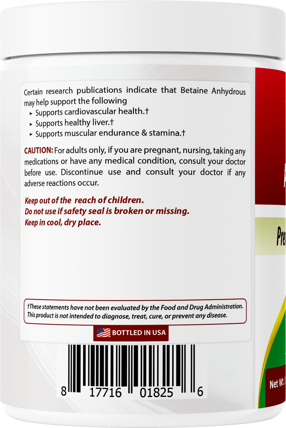 Best Naturals Betaine Anhydrous Powder side-view shows compact packaging for storage.