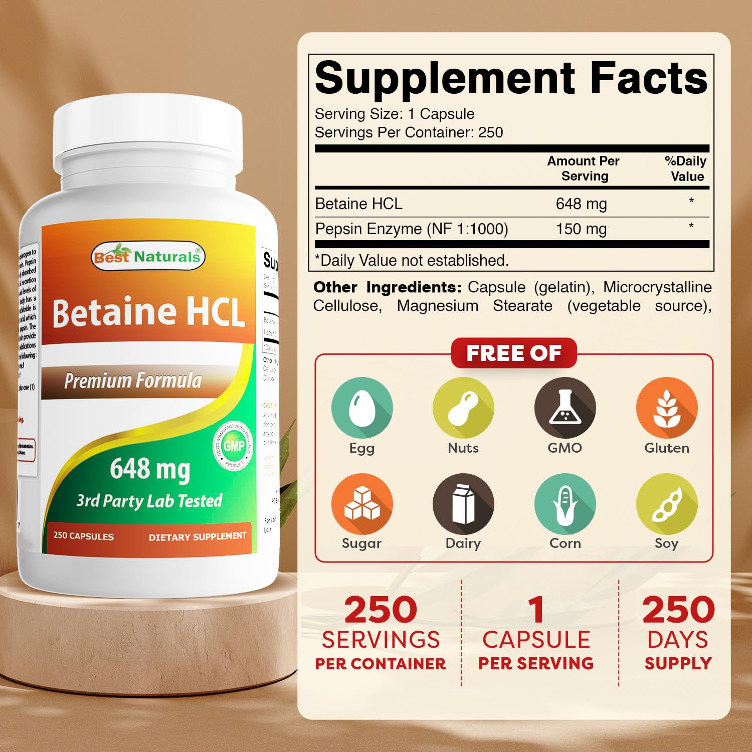 Best Naturals Betaine HCL label back with ingredients and purity notes