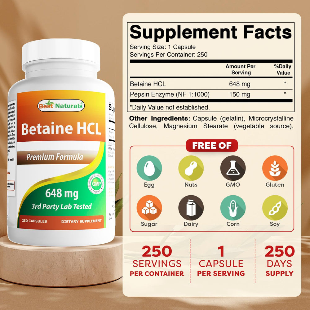 Best Naturals Betaine HCL label back with ingredients and purity notes