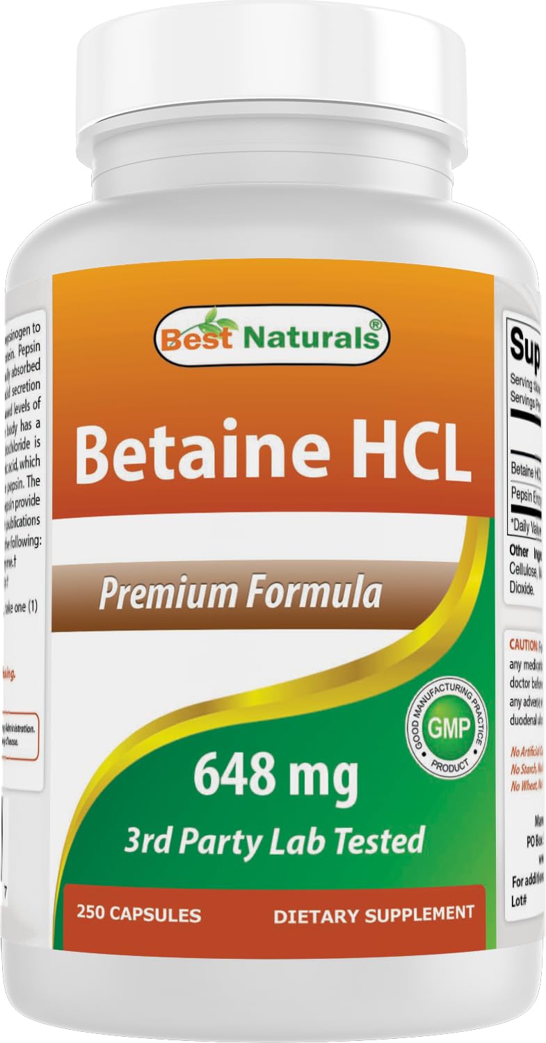 Best Naturals Betaine HCL 648 mg bottle front highlighting potency for daily support