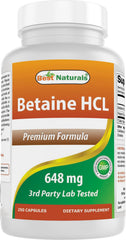 Best Naturals Betaine HCL 648 mg bottle front highlighting potency for daily support