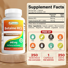 Close-up of Best Naturals Betaine HCL 648 mg capsules showing capsule texture and potency