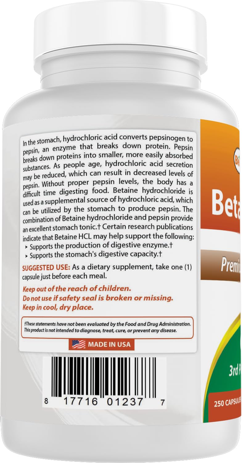 Non-GMO gluten-free badge on Best Naturals Betaine HCL 648 mg label