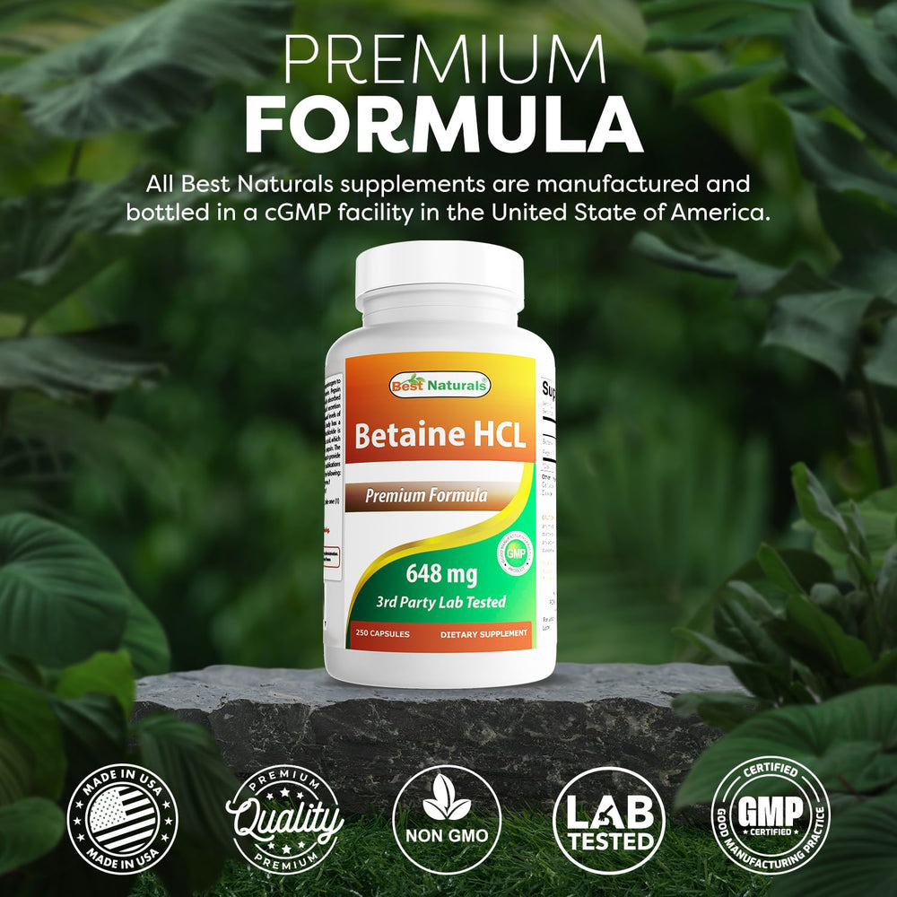 Best Naturals Betaine HCL 648 mg packaging card on display