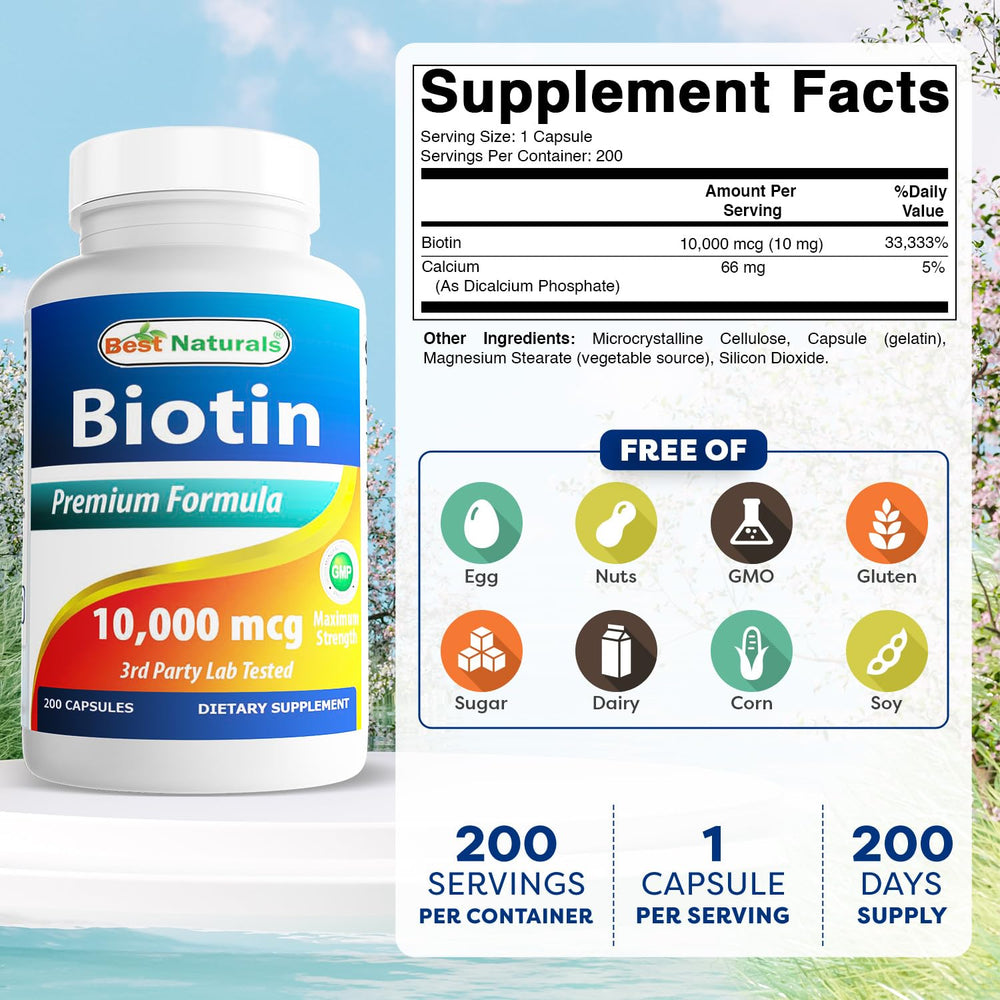 Close-up of Best Naturals Biotin 10000mcg capsules