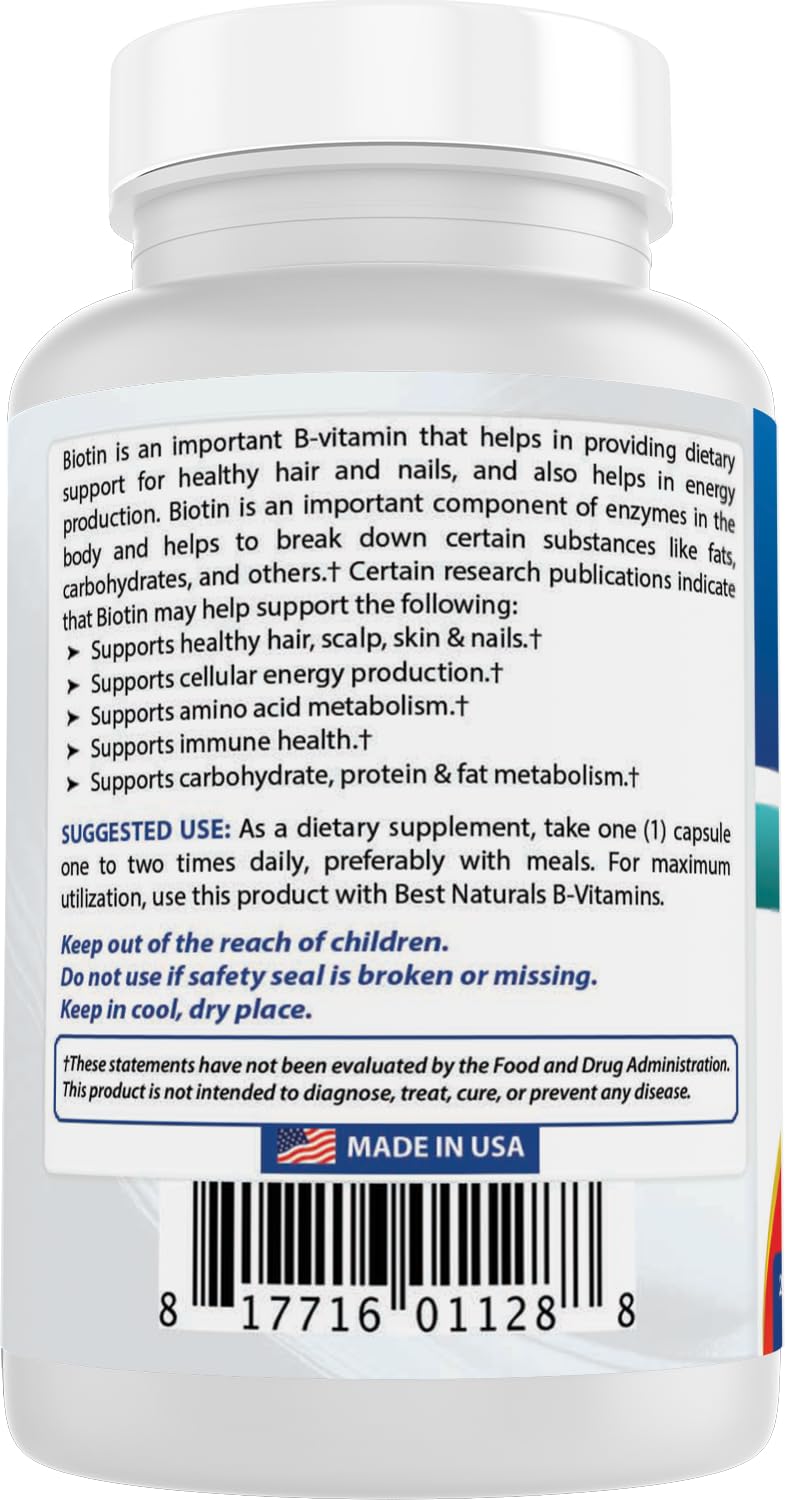 Label highlights non-GMO and gluten-free notes on Best Naturals Biotin