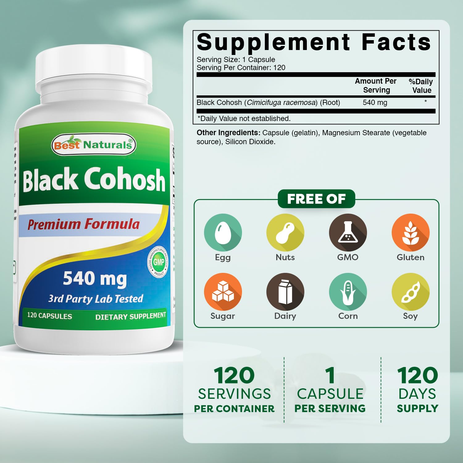 Best Naturals Black Cohosh capsules close-up – easy-to-take form.