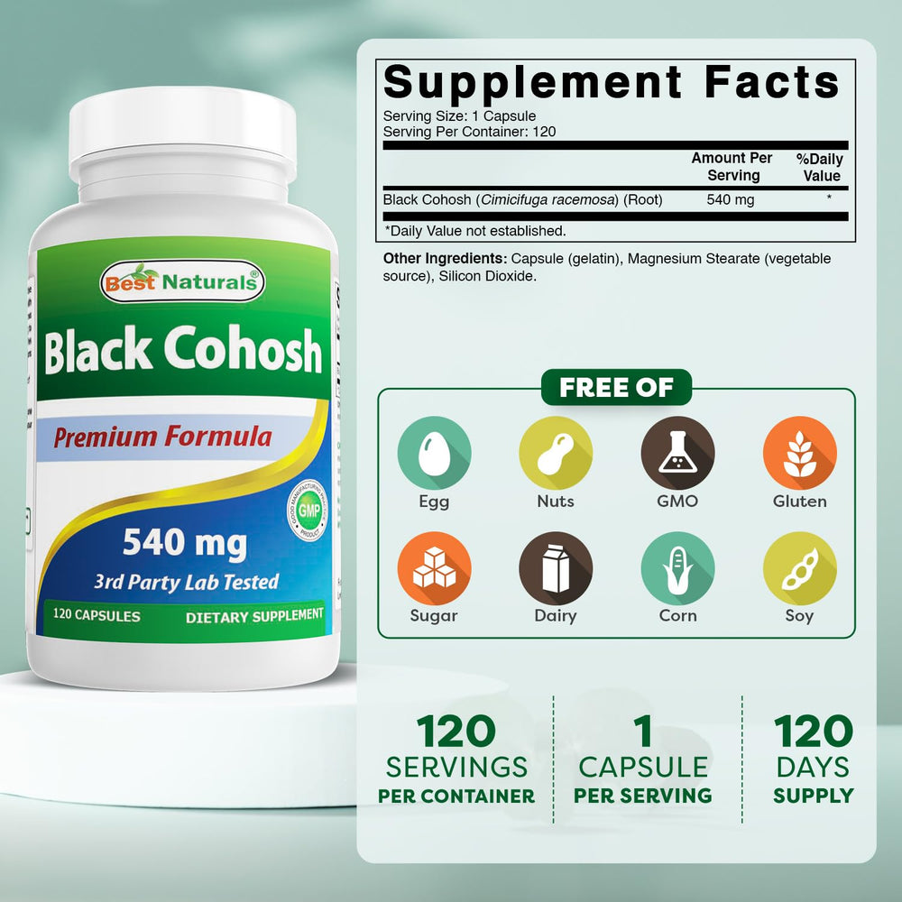 Best Naturals Black Cohosh capsules close-up – easy-to-take form.