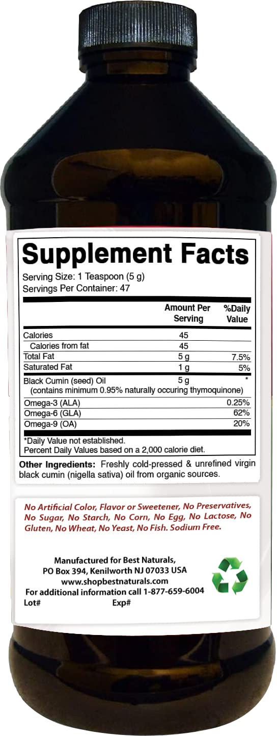 Best Naturals Black Seed Oil bottle pouring view highlighting joint mobility and brain function.