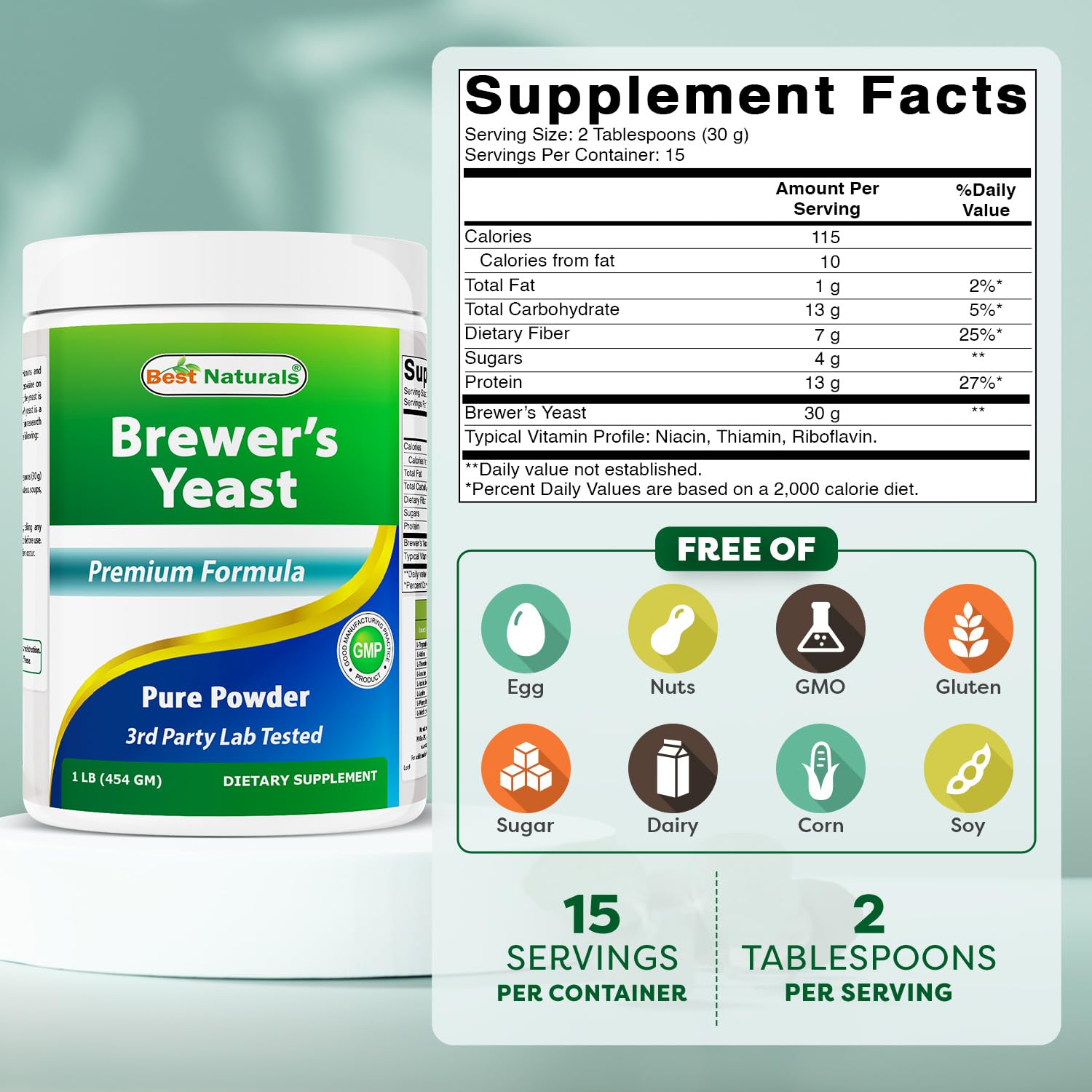 Best Naturals Brewers Yeast powder container closeup highlights gluten-free quality