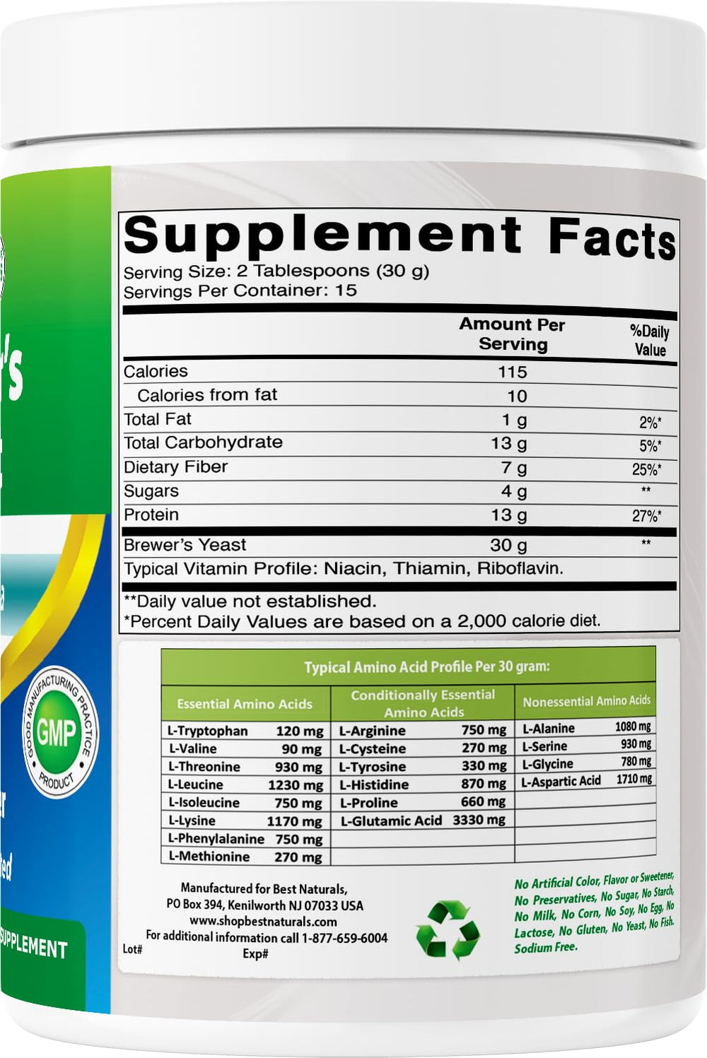 Best Naturals Brewers Yeast powder packaging emphasizes GMP and FDA registered facility