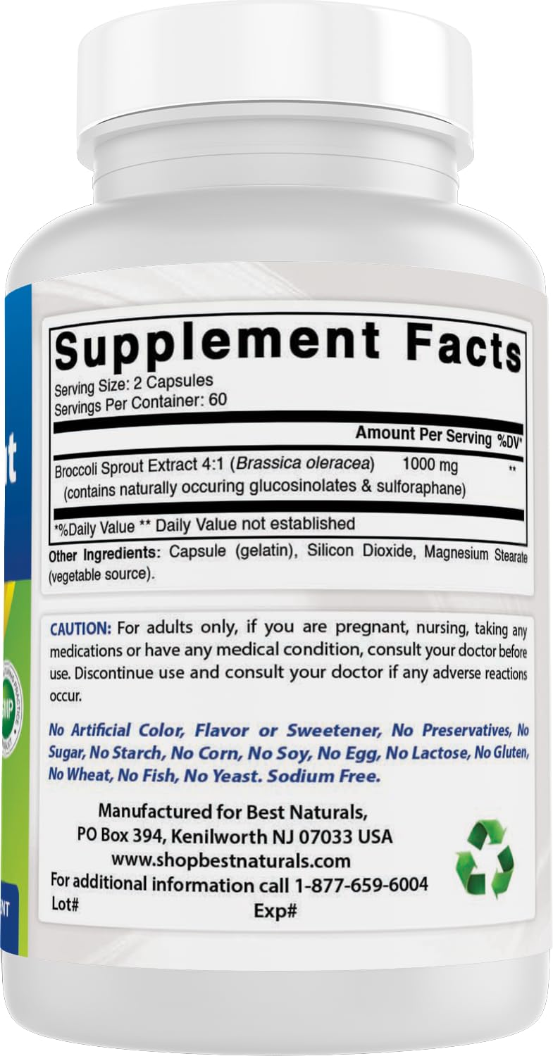 FDA-registered facility emblem beside Best Naturals broccoli sprouts extract label.