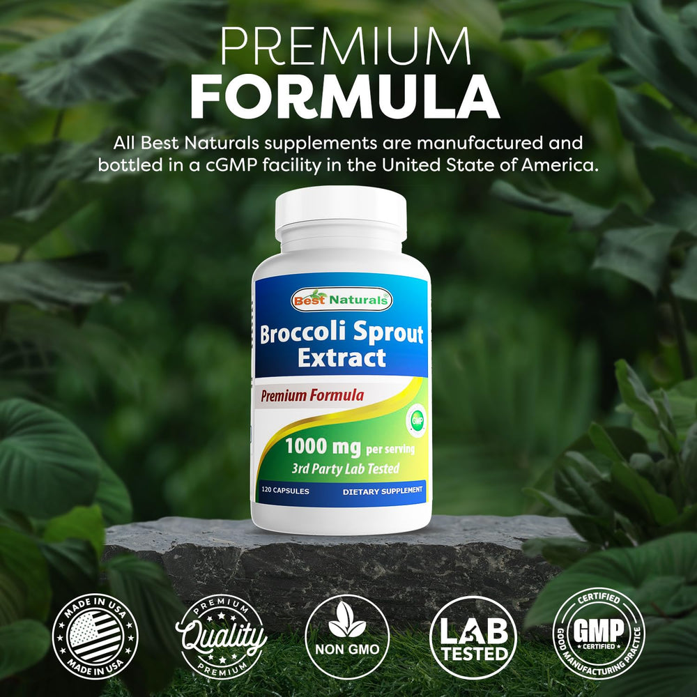 Made in USA badge on Best Naturals broccoli sprouts extract packaging.