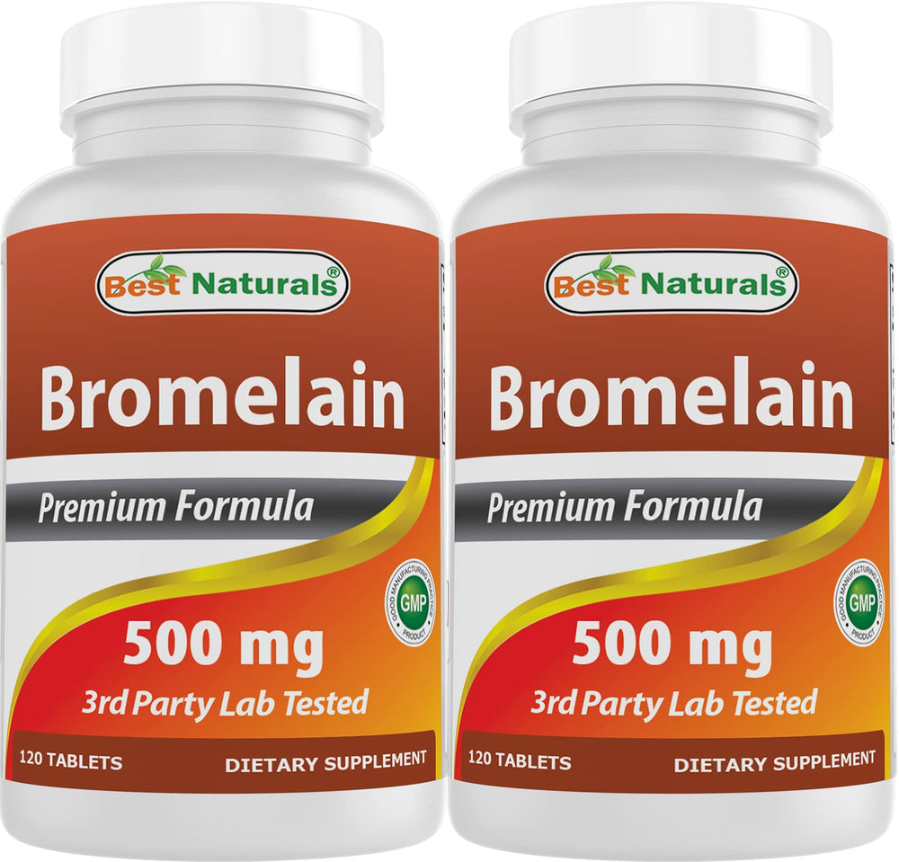 Best Naturals Bromelain 500mg bottle front shows high-potency supplement for daily use.