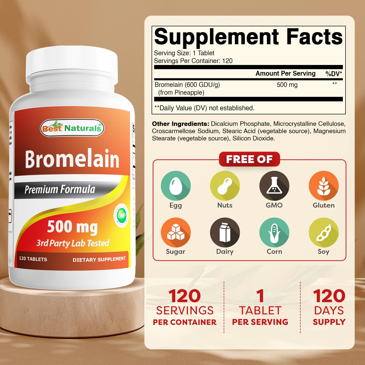 Best Naturals Bromelain tablets close-up shows 500 mg strength